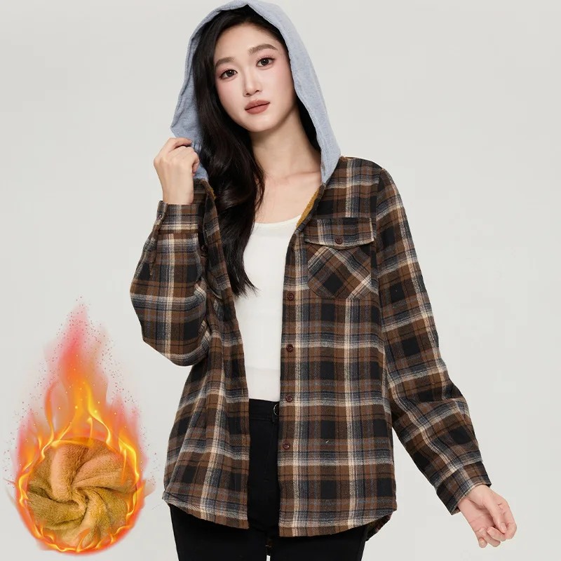 New Autumn Winter Women's Fleece-lined Thickened Warm Hooded Plaid Shirt Casual Loose-fitting Versatile Jacket