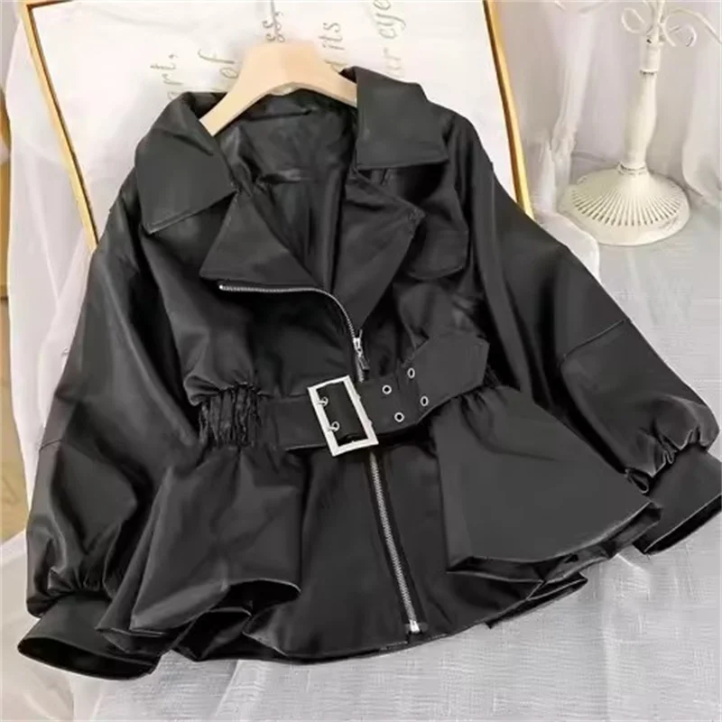 Moda Otoño mujer Chaqueta corta de piel sintética cuello vuelto abrigo de cuero PU coreano con cinturón prendas de vestir ajustadas Mujer
