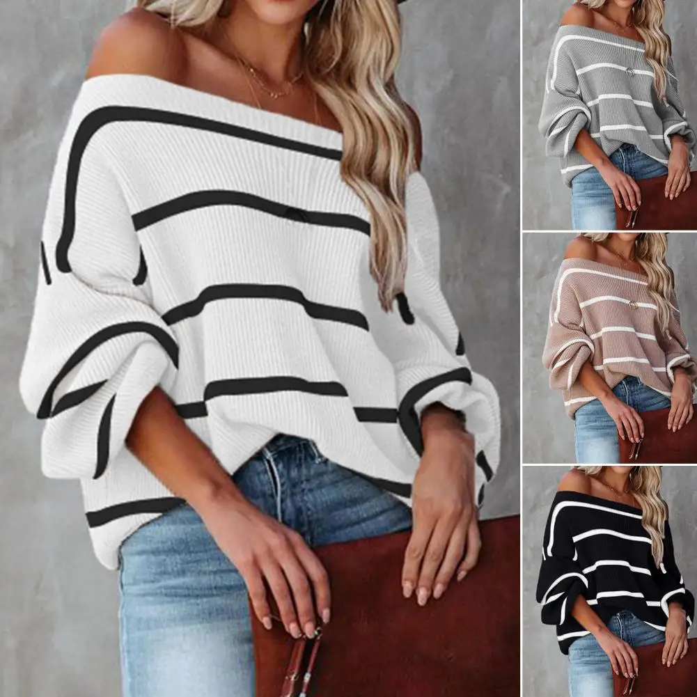 Sexy Women Sweater Lantern Sleeve Loose Fit Ribbed Cuffs Autumn Winter Sexy Off Shoulder Striped Print Sweater Jumper Streetwear