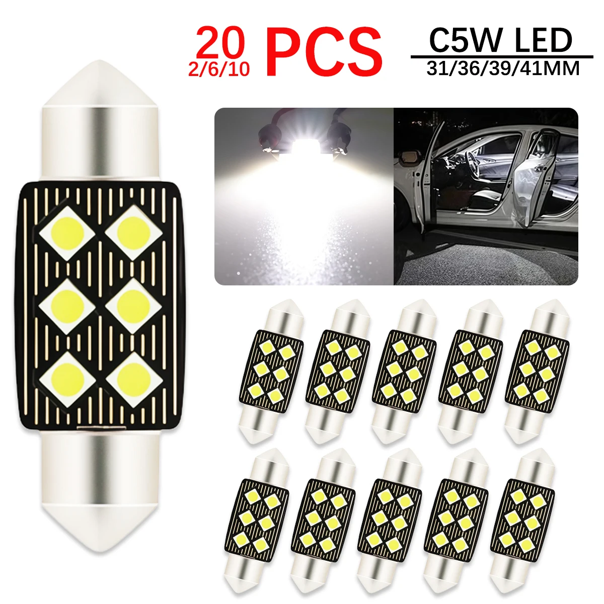

20 шт. C5W Canbus Неполярный Фестон 31 мм 36 мм 39 мм 41 мм Светодиодная лампа 3030 6 SMD 0,15 А Безопасная автоматическая внутренняя купольная лампа для чтения 12 В