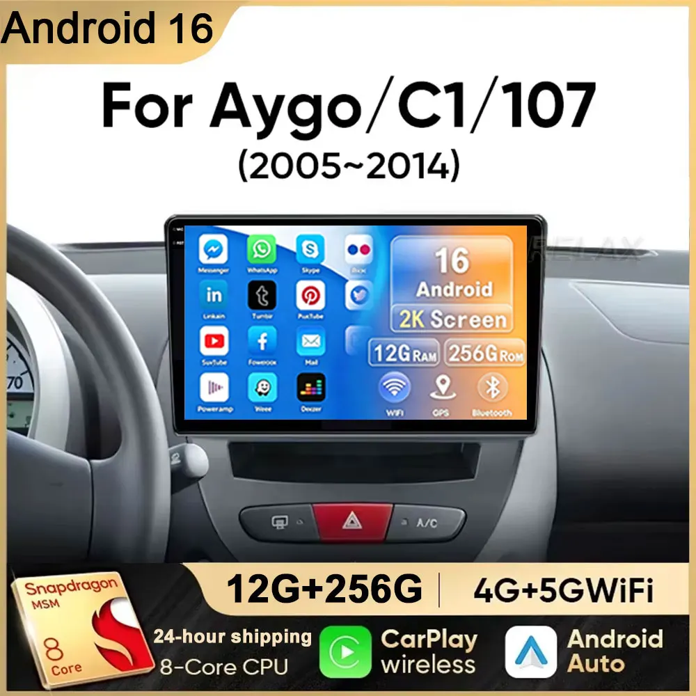 Android 16 2 Din Car Multimedia Player For Peugeot 107 Toyota Aygo Citroen C1 2005-2014 Head Unit Stereo GPS Navigation BT WIFI