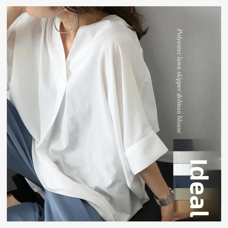 

Loose V-Neck Women's Shirt Pure Color Oversized Pullover Summer Fashion Japanese Style Cleanfit Polyester Cotton Blend Shirt