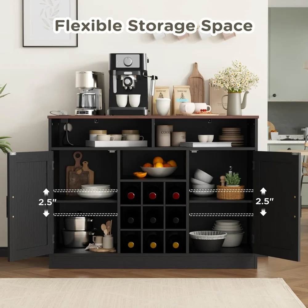 Farmhouse Buffet Cabinet with Power Outlets, Rustic Sideboard Buffet with Wine Rack, Wooden Buffet Table for Dining Room