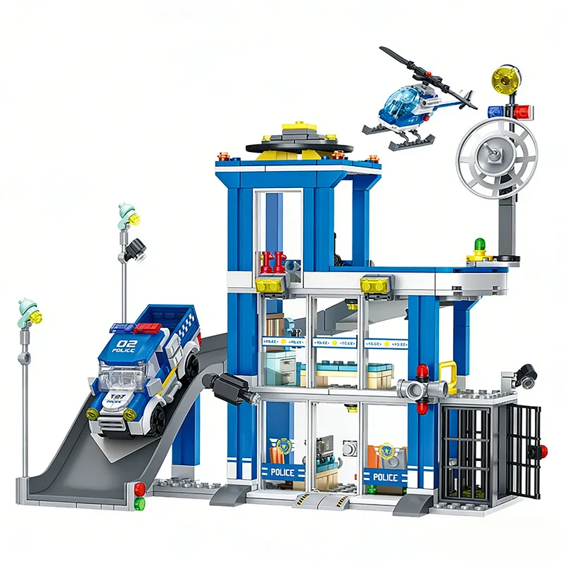 City Police Station Building Blocks Set with Helicopter & Patrol Car, Boys Construction Toy Model, Creative Play Gift