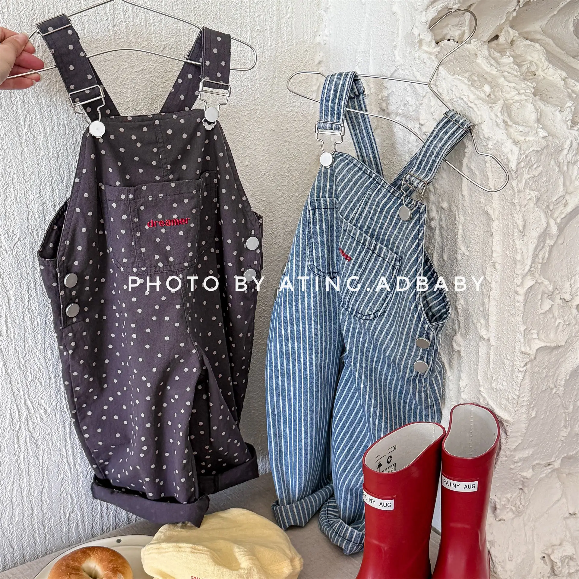 

​​2025 Fall Kids Overalls Korean Style Baby Boys Girls Stripes Jumpsuit Wide Leg Denim Romper Adjustable Straps Casual Outfit