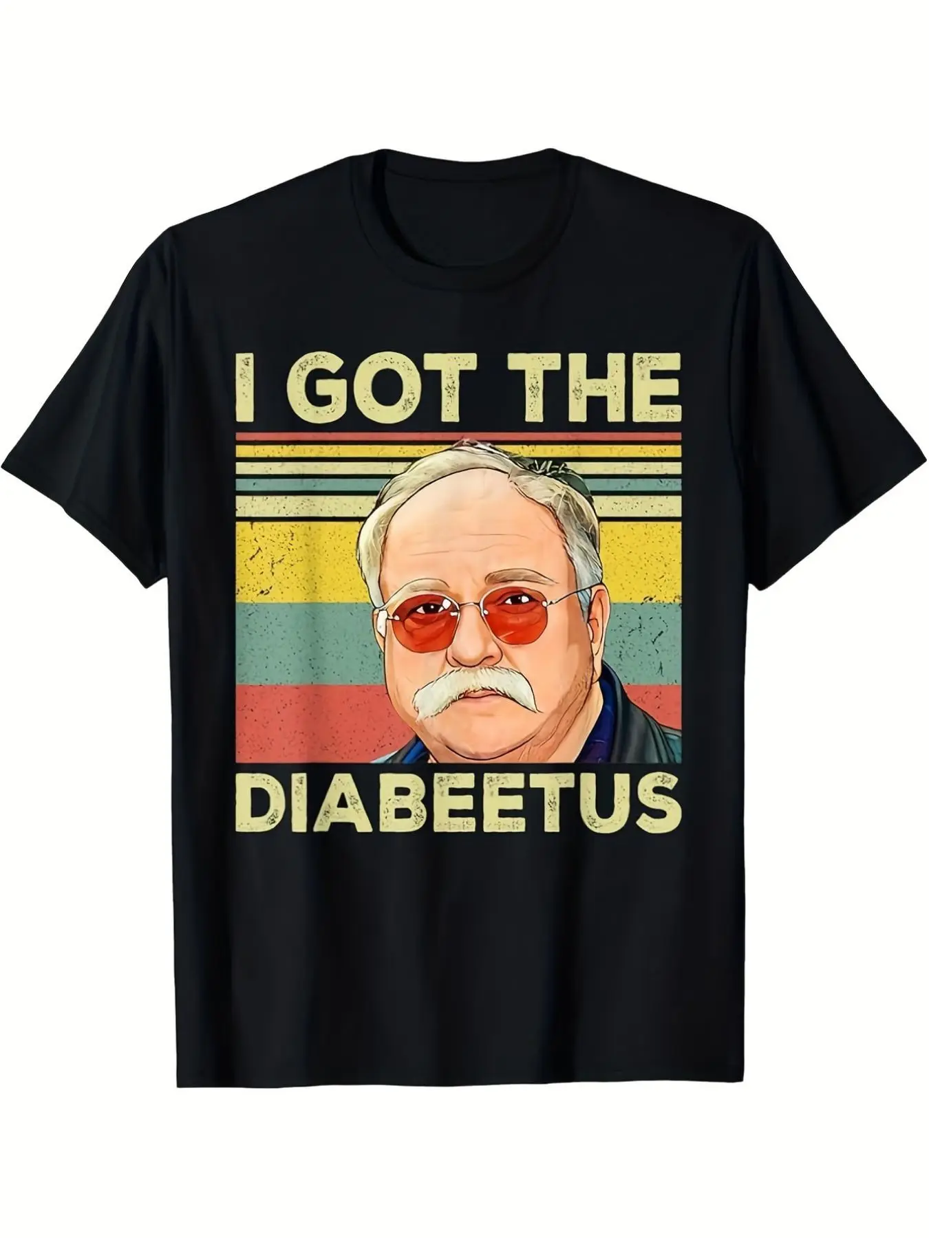 Men's Plus Size Vintage Style 'I GOT THE DIABEETUS' T-Shirt - Bold Yellow Letters with Retro Striped Background and Illustrated Man in Red-Rimmed Glasses, Perfect for Casual Wear