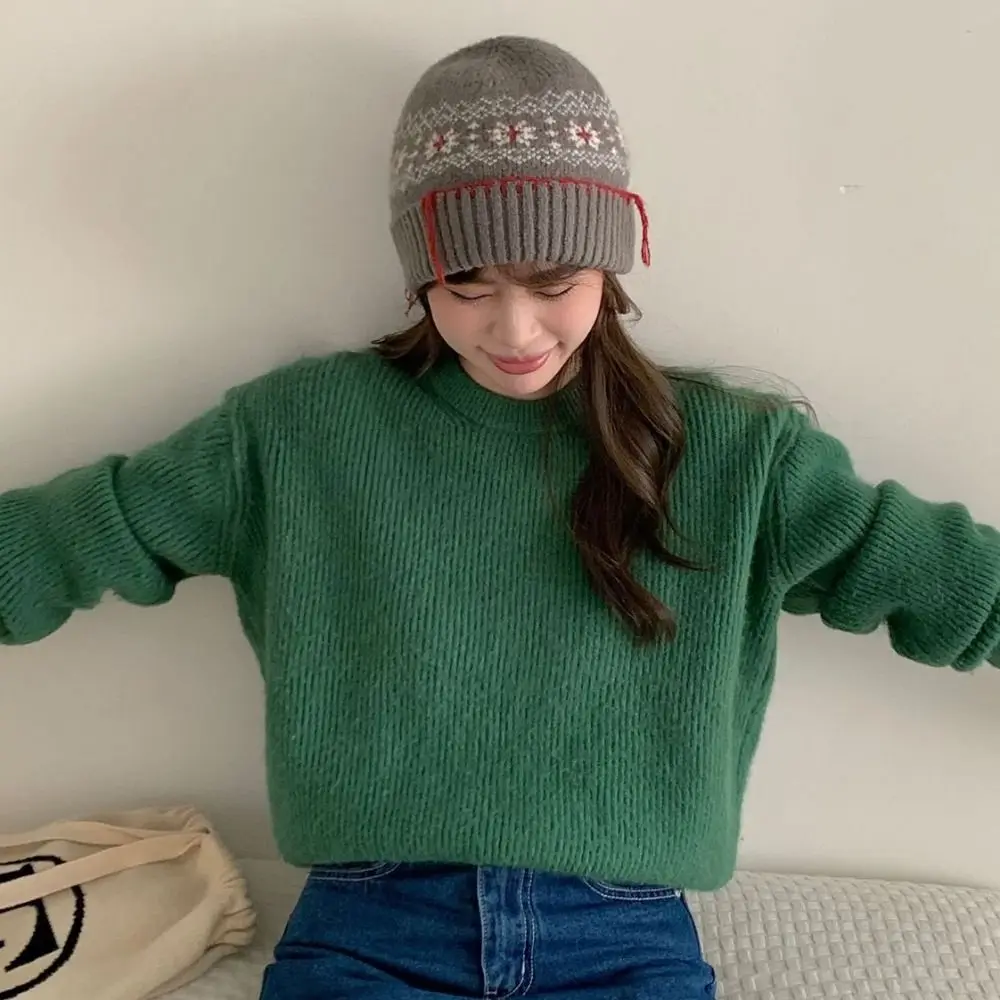 Lässige Wollstrickpullover-Mütze, hält warm, kältebeständig, Jacquard-Wollmütze, Polyester, einfarbig, Mütze für Mädchen