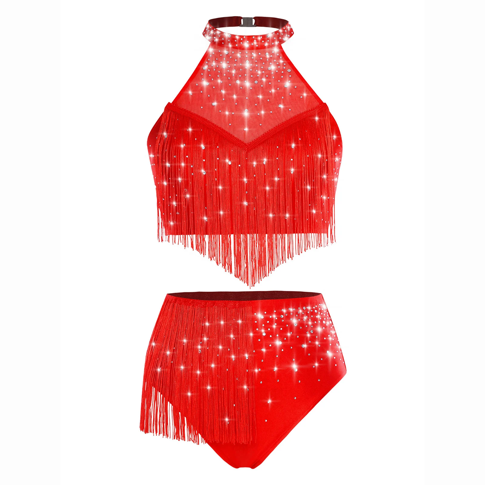 

Belly Dance Costume Modern Womens Rhinestone Halter Sheer Mesh Crop Top with Tassel Shorts Practice Clothes for Latin Belly
