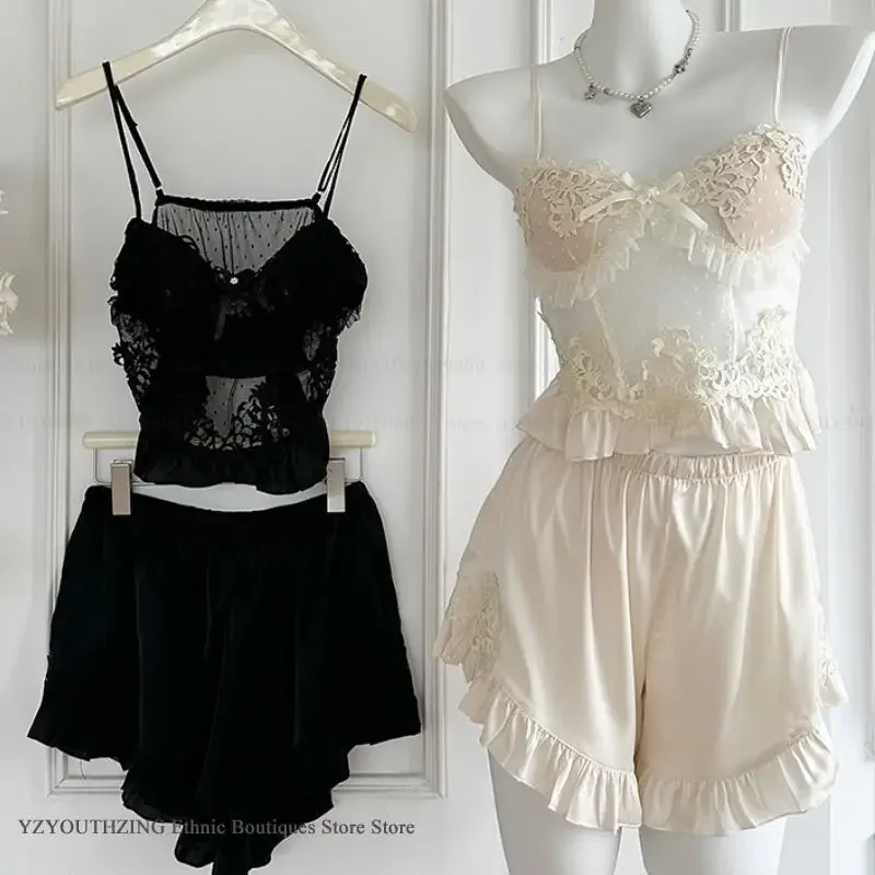 Sexy Perspective Lace Suspender Pajamas Set Intimate Lingerie Summer New Women Sleepwear Loungewear Silky Satin Pyjama Homewear