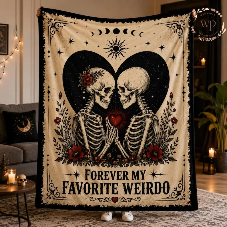 Favorite Weirdo Blanket, Skeleton Lovers Gothic Throw, Spooky Couple Gift, Romantic Skull Decor, Halloween Wedding Anniversary Gift