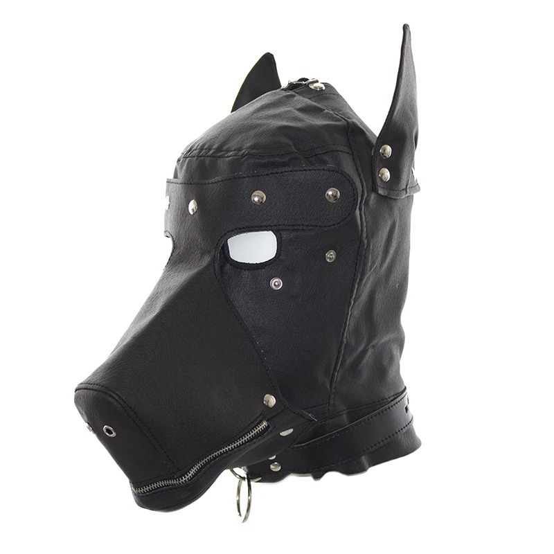 Puppy Cosplay Fetish Costumes of Adjustable Leather Full Head Hood with Eye Mask for Dog Roleplay Exotic Accessories