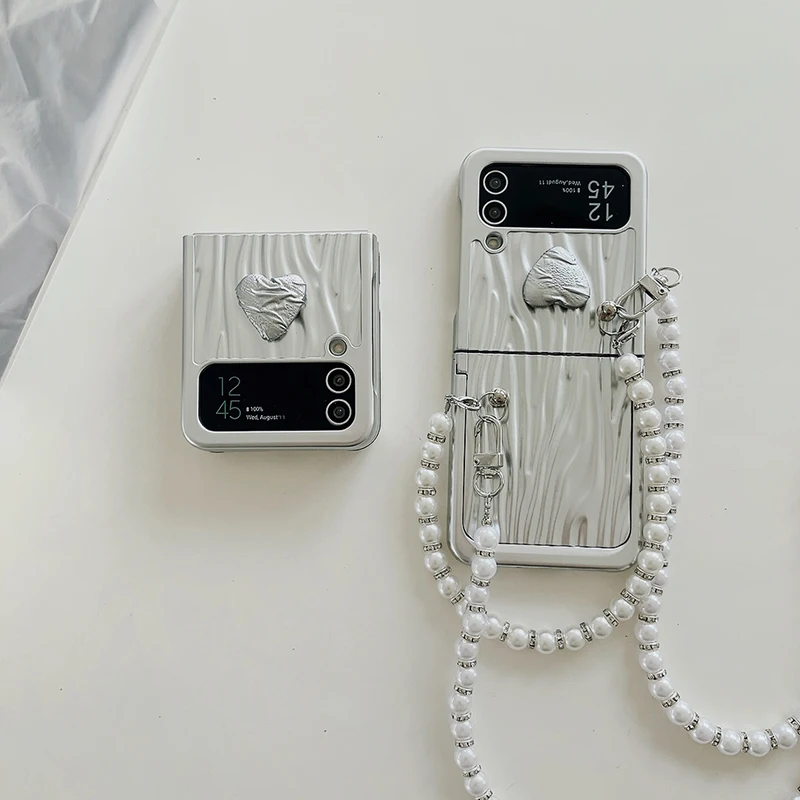 Luxury Pearl Chain Strap Crossbody Lanyard Phone Case For Samsung Galaxy Z Flip3 4 Water Ripper Plating Back Cover With Holder