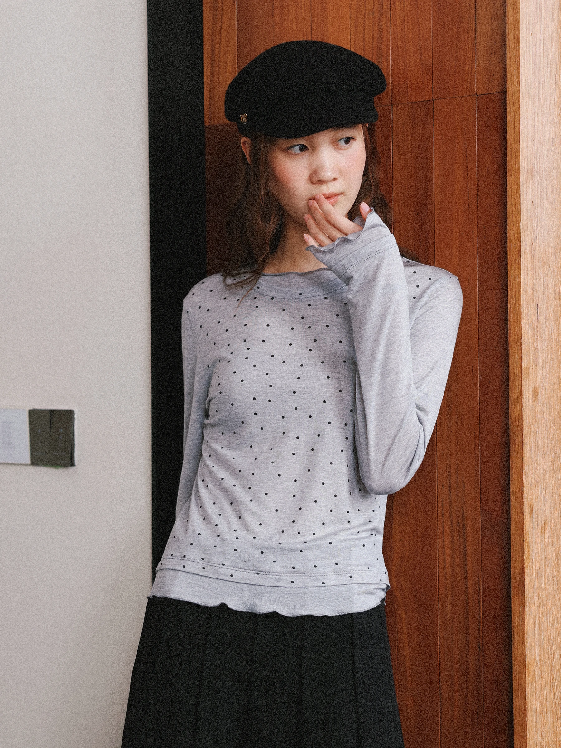 MUNNS RUIXI Vintage Polka Dot Wool Long Sleeve T-Shirt Gray Base Layer Shirt Breathable Skin-Friendly Chinese Production