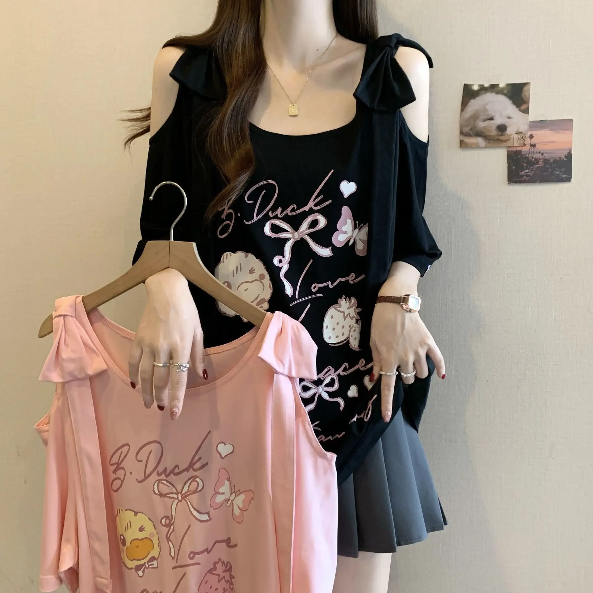 Summer Large-size Women's Clothing New Sweet Wind Loose and Thin Printed Bow Off-the-shoulder Short-sleeved T-shirt - view 3