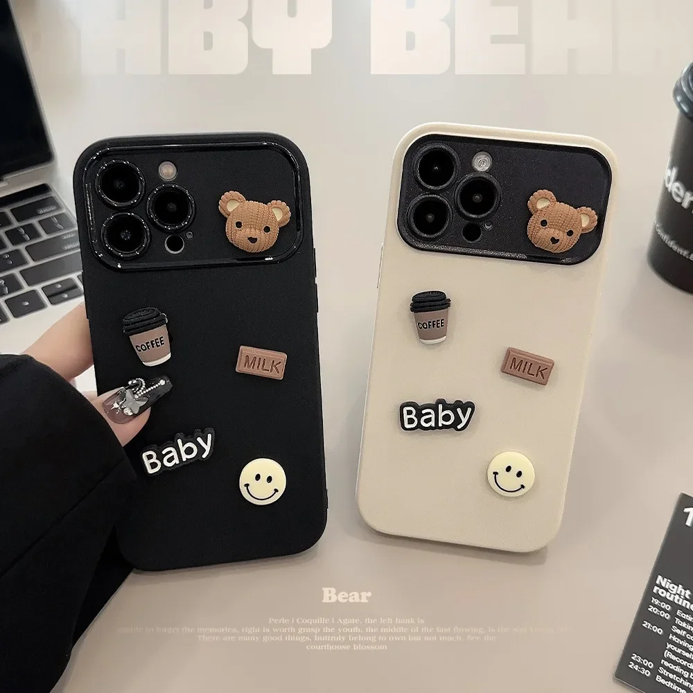 Lovely 3D Coffee Bear Decoration Phone Case for IPhone16 15 14 12 13 11 Pro ProMax Plus X XR Shockproof Phone Cover