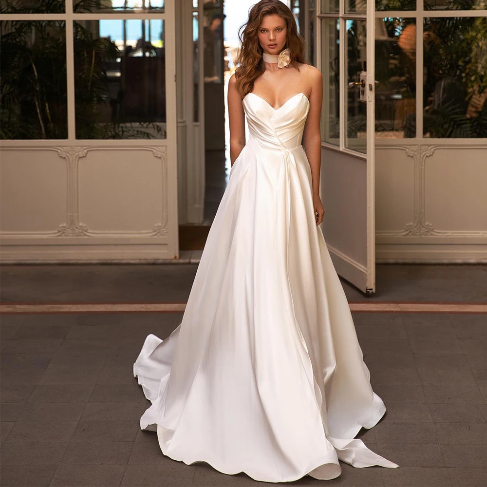 Classic White Satin Wedding Dress Tube Top Pleated Sexy Backless Vestido De Novia Bridal Marring Customizable Bride Gowns