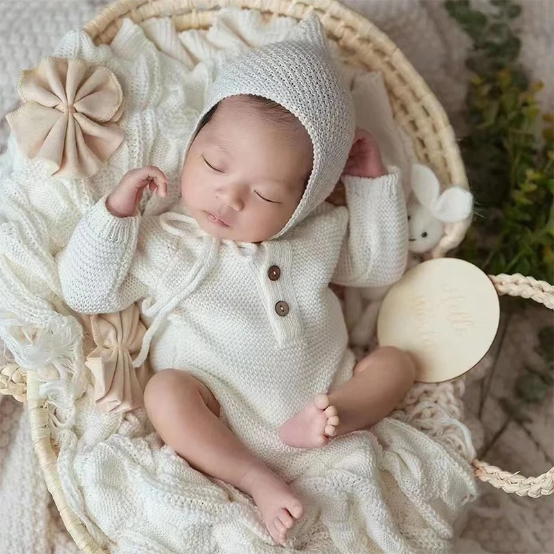 Newborn Photography Costume Baby Girl Knit Romper And Bonnet 2pc/Set Soft Handmade Baby Clothing Studio Shooting Infant Outfits