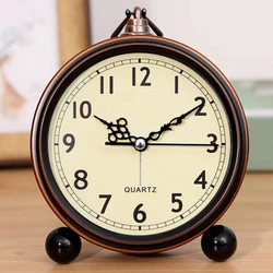 Vintage Retro Alarm Clock Round Metal Small Clocks Night Light Super Silent Table Desk Quartz Clock Time For Bedroom Living Room