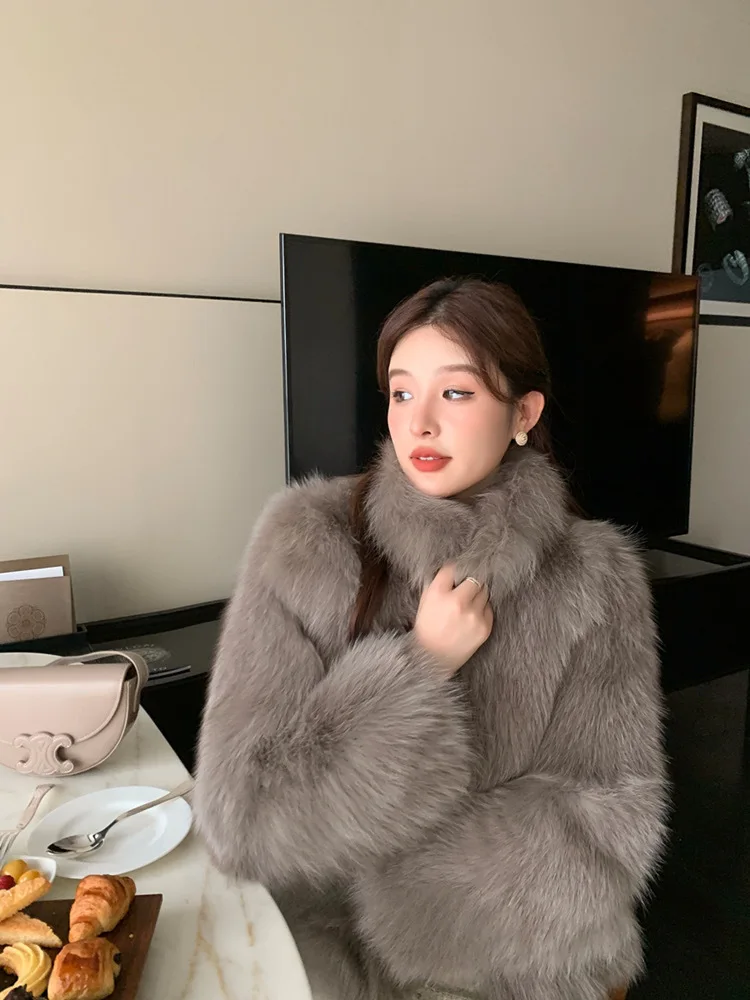 Women Faux Fox Fur Coats Solid Fur Jackets Cotton Linen Stand Collar Long Sleeves Open Stitch Loose Casual 2026 Autumn Winter