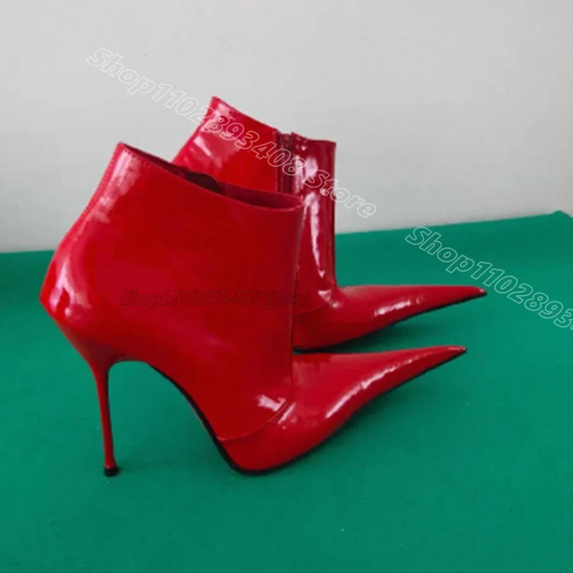 Red Pointed Toe Short Boots Metal Heels Zip Patent Leather Party Casual Design for Sexy Casual Women Boots Zapatos Para Mujere