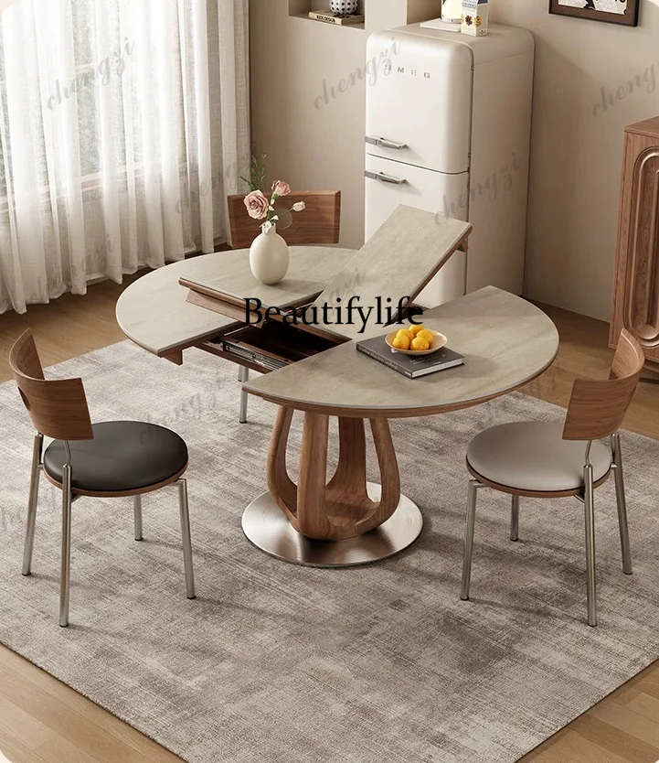 Solid wood telescopic round dining table becomes oval stretching table Small apartment multi-functional folding dining table