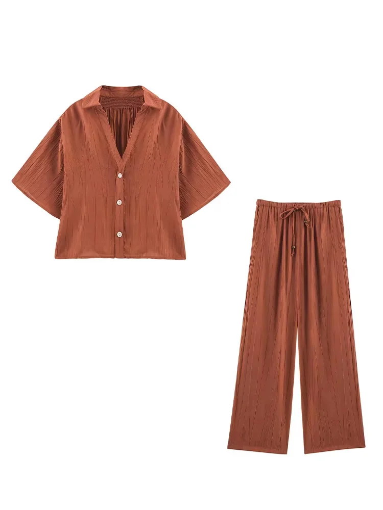 Hh feminino verão moda terno turn-down colarinho manga curta camisas single-breasted + cintura elástica calças de perna larga conjuntos femininos