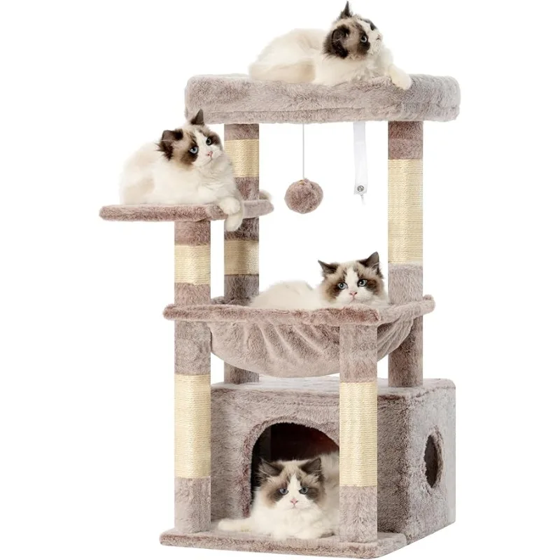 

Heybly Cat Tree, Kitten Tower with Large Soft Cat Basket, Cat Condo with Spacious Bed Cave with Hidden Space, Sisal-Covered