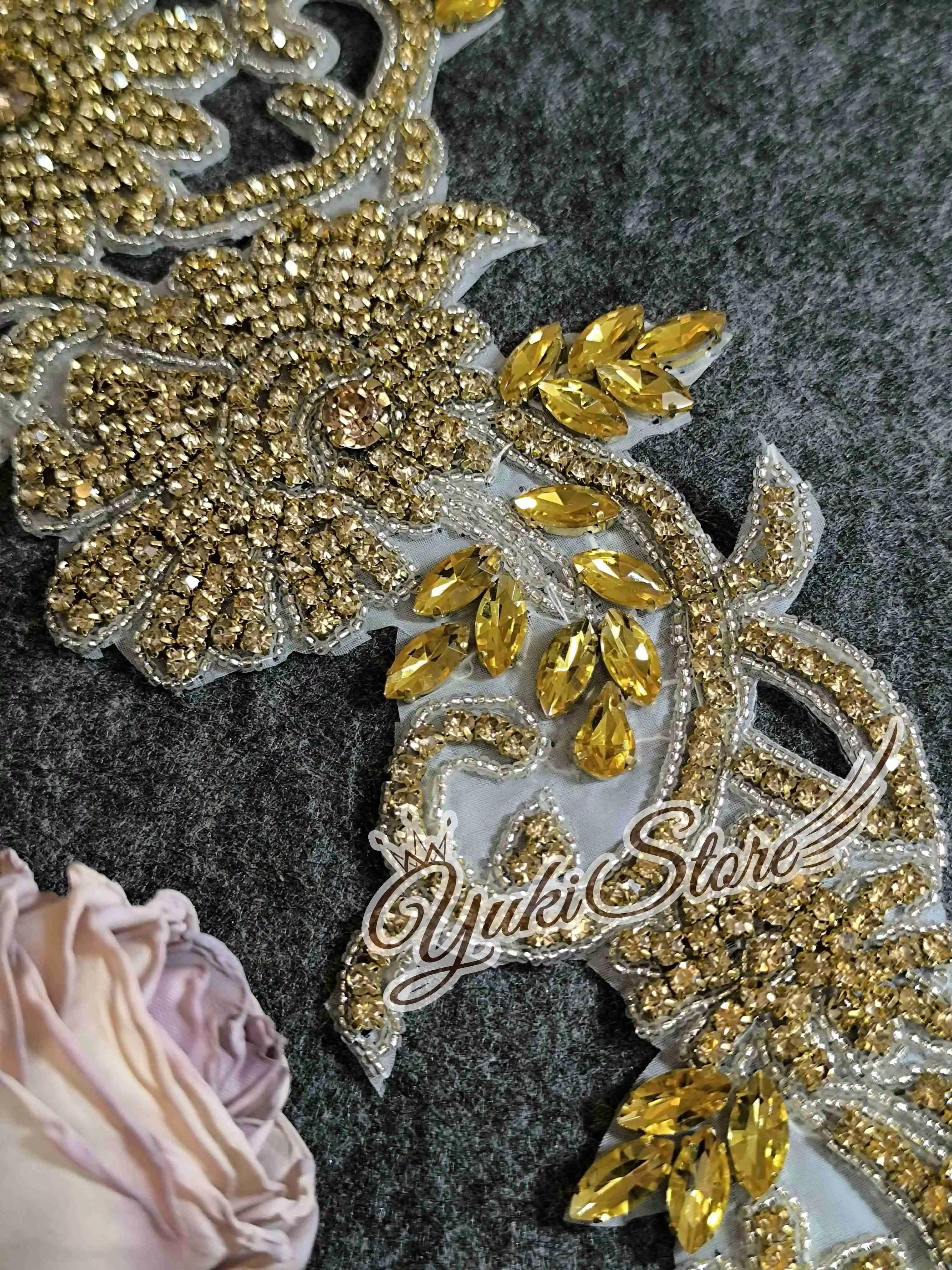 Long Gold Small appliques Heavy bead 3d flower lace applique floral pearls embroidery bridal lace patch YK018