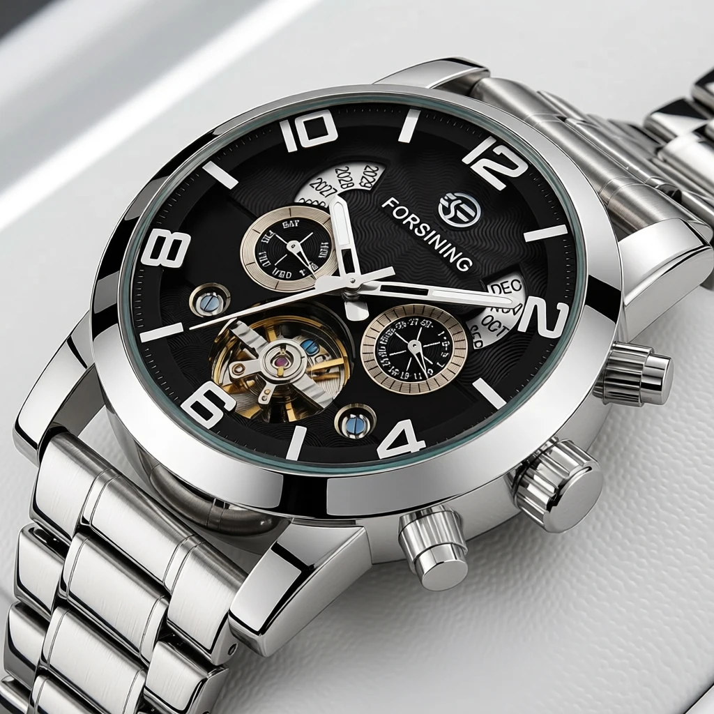 FORSINING Mens Sport Watch Mechanical Tourbillon Skeleton Auto Date Day Full Calendar Luminous 3ATM Stainless Steel Male Clock