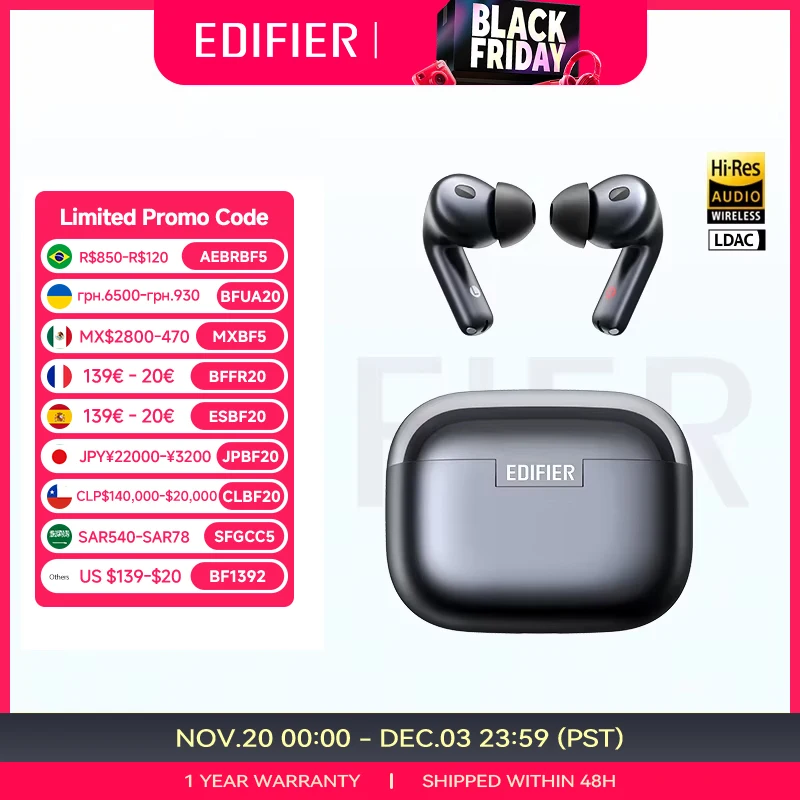 Edifier Evobuds Pro True Wireless Auricolari con cancellazione del rumore Bluetooth V6.0 LDAC Audio ad alta risoluzione ibrido ANC AI Traduzione vocale IP54
