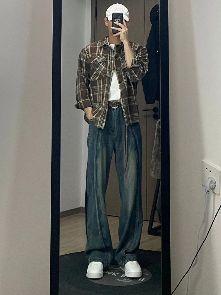 

Deep Blue Men's Jeans Spring Autumn Trendy American High Street Design Sense Deconstructed Knife Workwear Straight Leg Pants