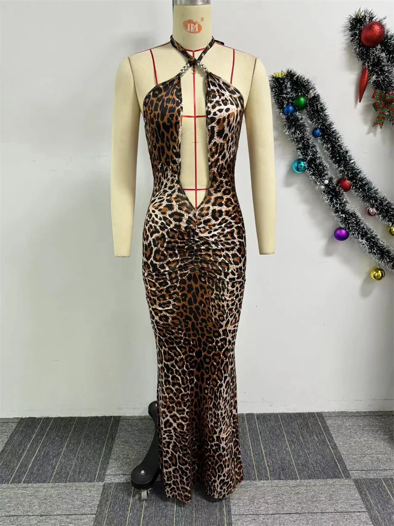 Sexy Luipaardprint Bodycon Maxi Jurk Vrouwen Mouwloos Halter Backless Diepe V-hals Schede Slanke Nachtfeest Lange Jurken Clubwear