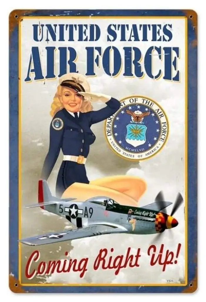 US Air Force Girl Pin-Up Girl Tin Sign with Rustic Retroative Sings for Cafe Home 8 x 12 Inches Metal Signs for Laundry Room Gy