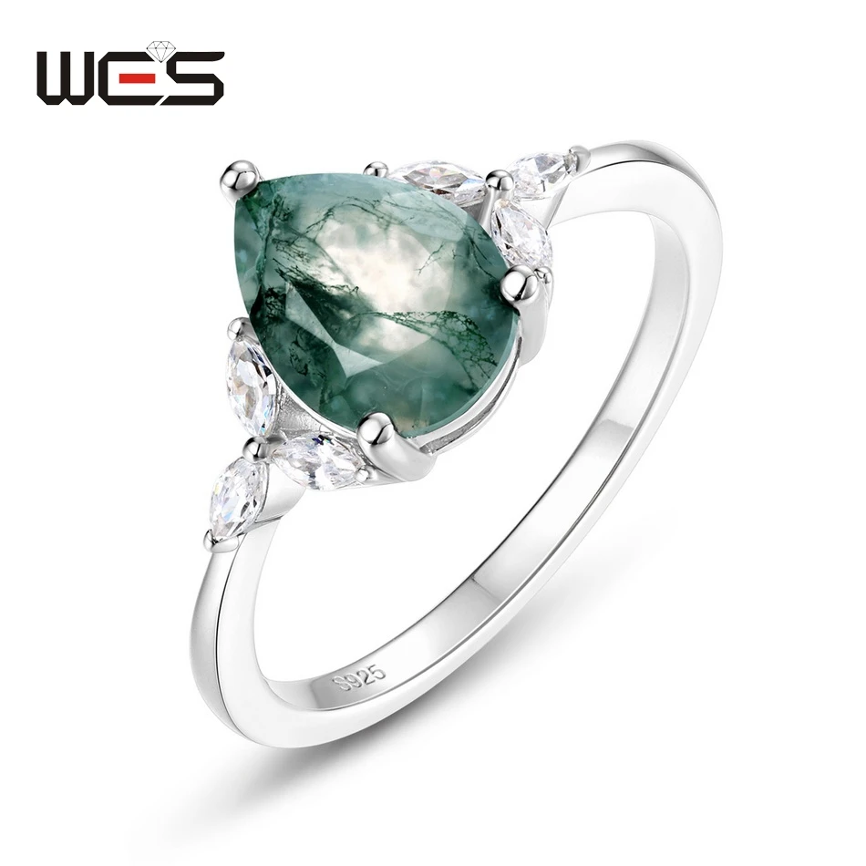 

WES 925 Silver Leaf Branch Unique Natural 7*9mm Moss Agate Engagement Rings for Woman Boho Forest Jewelry Gift for Her Wholesale