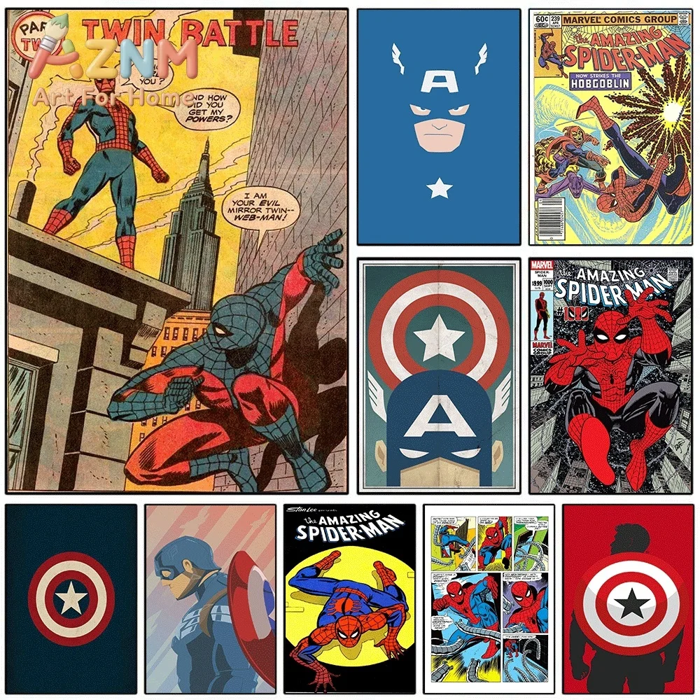 Spider Man Captain America Vintage Comic Canvas Wall Art No Frame Canvas Painting Retro Marvel Superhero Poster Home Bedroom L