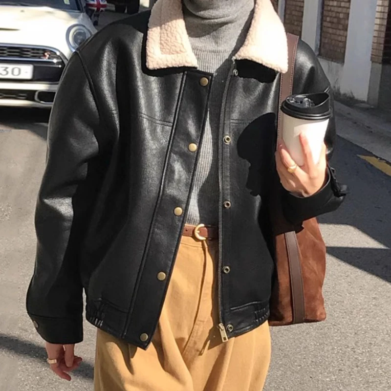 ChicAutumn/冬ヴィンテージニチェルペルルーズフィット Pu レザー長袖暖かいオートバイジャケットショートコート女性のための韓国から