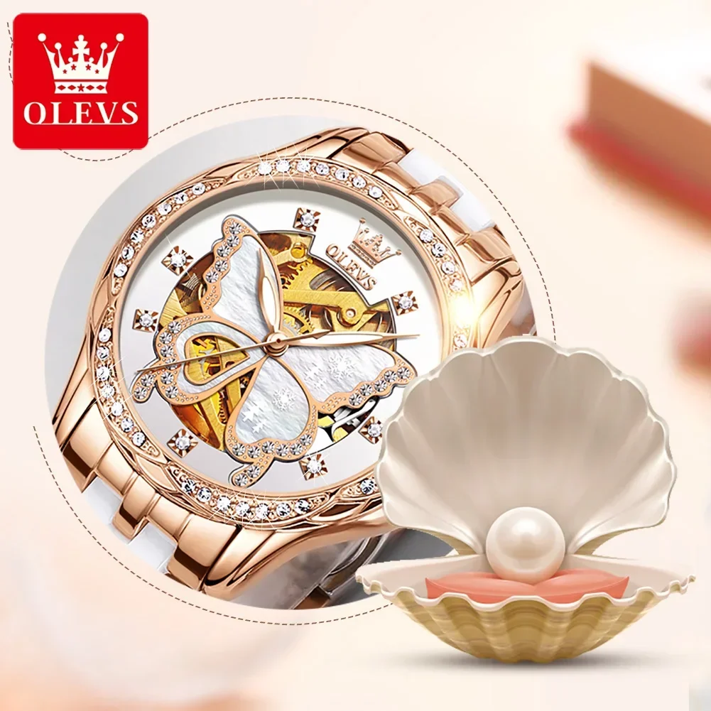 OLEVS 6622 Waterproof Ceramic Strap Women Wristwatches, Fashion Luxury Automatic Mechanical Watch For Women