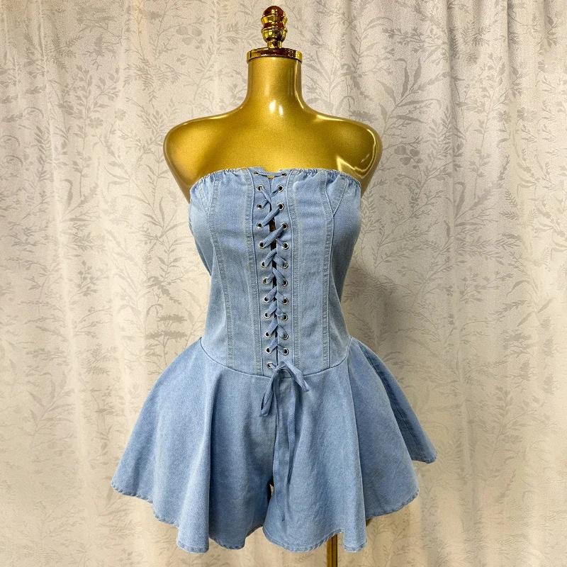

Pop Retro Women's Fashion Lace Up Ruffled Loose Jumpsuit Shorts Strapless Jumpsuit Sleeveless Backless Ruffle Mini Dress Streetw