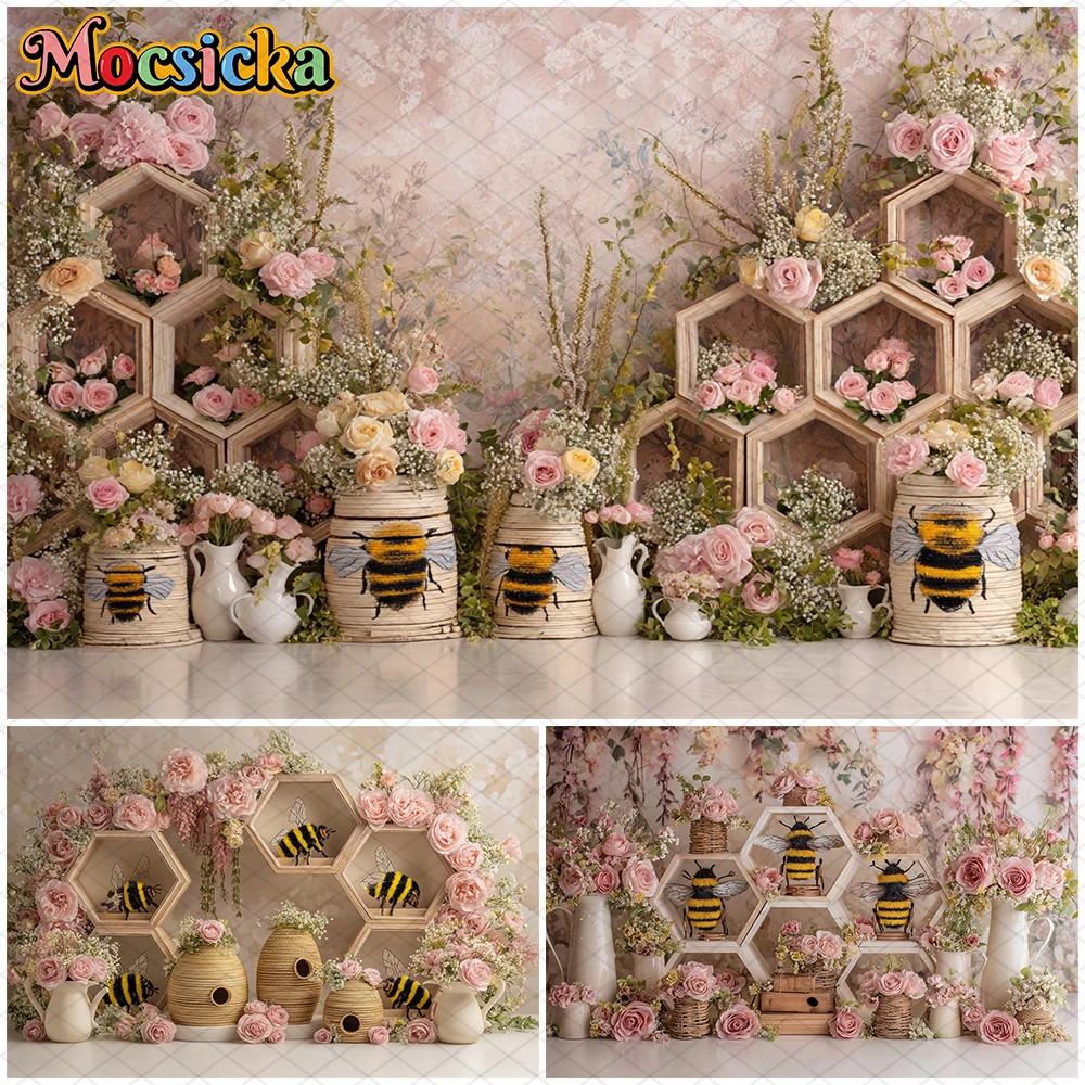 

Mocsicka Valentine's Day Background Photography Pink Rose Flower Bee Decorations Women Girl Photo Backdrop Studio Love Wallpaper