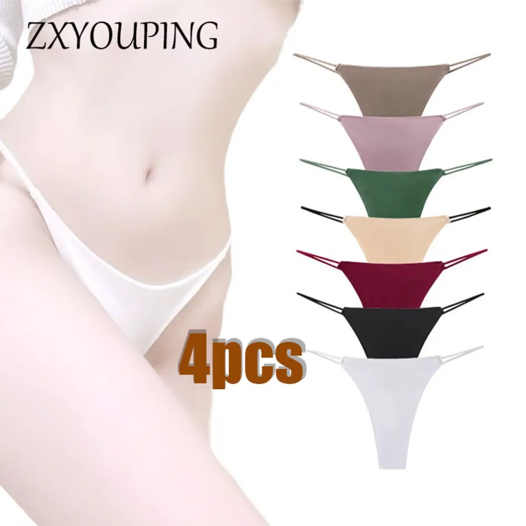 

4 Piece Set Ice Silk Seamless T Back Invisible Thong Set Women Sexy Low Rise Bikini Plus Size Panties Solid Color