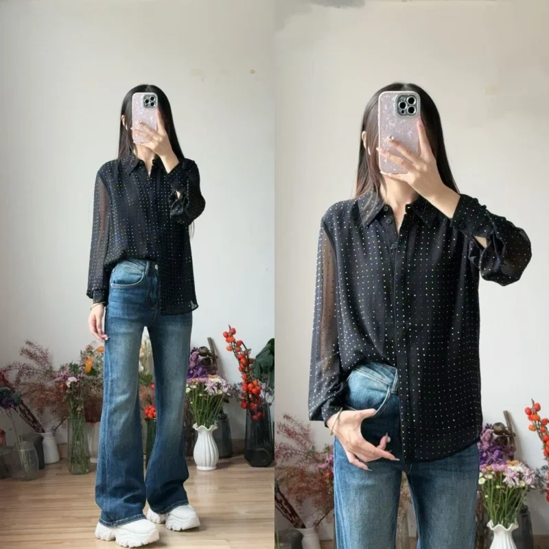 Ele Bla Full Drill Long Sve irt Australian Whistle Pure Sle Casual Loose Fit Polyester Fiber Skin-friendly Breat...