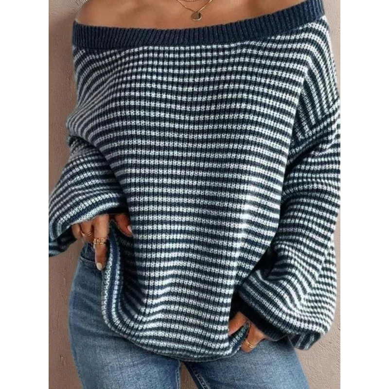 Women's Striped Drop Shoulder Sweater, Y2k Casual Bishop Sleeve Boat Ne Jumper for Daily Outdoor Wear Ba To School, Sweaters for