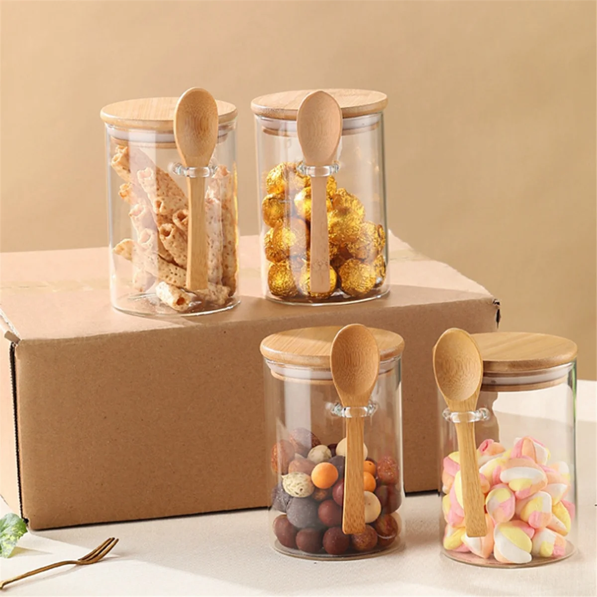 4 Pack Overnight Oats Glass Containers with Lids and Spoons, Glass Jars with Spoons and Lids for Loose Tea