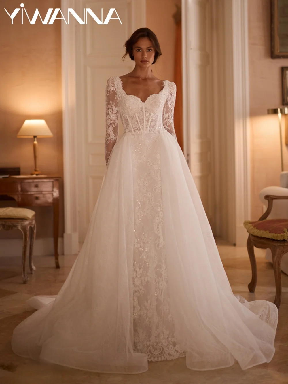 Luxury Beaded Lace Wedding Dress With Overskirt Romantic Sweetheart Neck Bridal Gown Customized Charming Dresses For Bride
