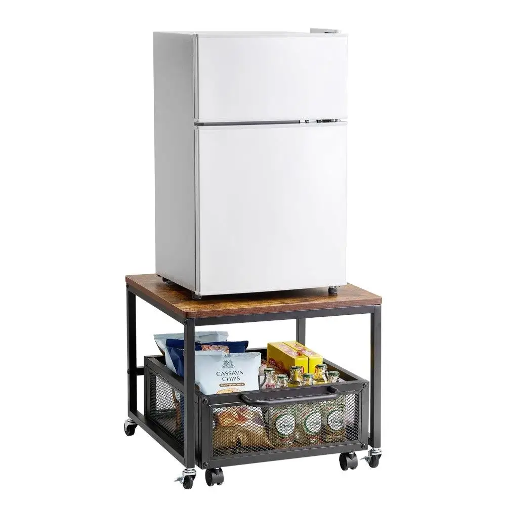 

Light Brown Mini Fridge Stand with Storage 198lbs Capacity Cart and Swivel Wheels Space Saving Organizer