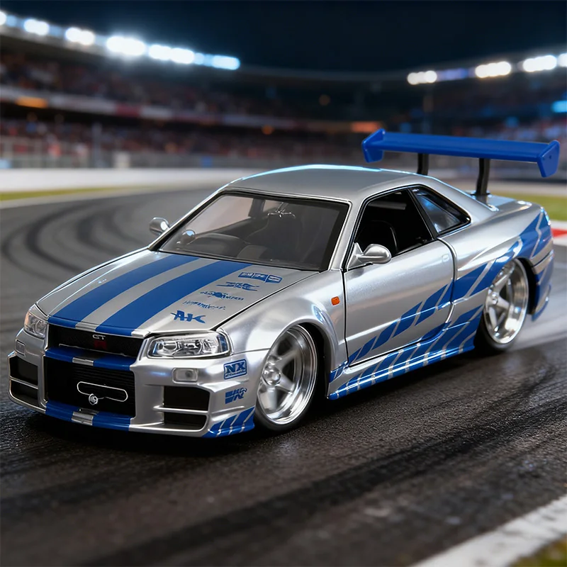 JADA 1:24 패스트 앤 퓨리어스 닛산 스카이라인 GT-R R34 다이캐스트 모델 - 아이코닉한 실버 & 블루 스카이라인 (도어 개폐 가능) JD97158