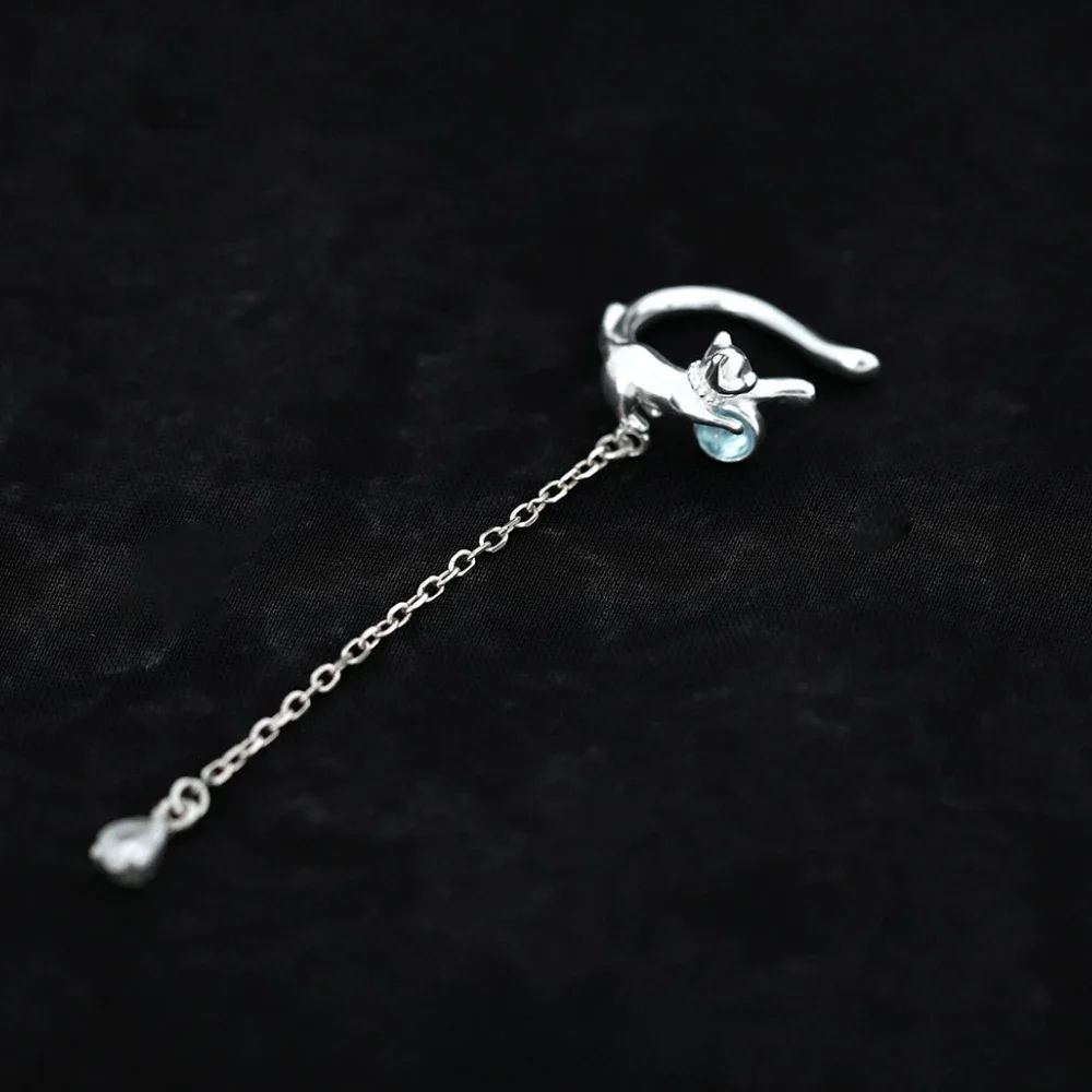 

S925 Sterling Silver Party Earring Kitten Shape Blue Glass Clip Earrings Women's Fashion Jewelry Original Design Wholesale Ins