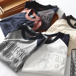 Summer American Retro Long-sleeved O-neck 3D Letter Printed T-shirt Men's Fashion Simple 100% Cotton Washed Casual Sport Tops