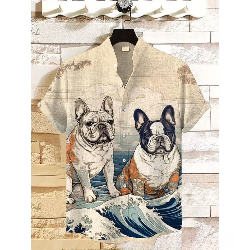 Camisa estampada de buldogue ondulado masculina, arte japonesa, camisa de linho misturado, gola em gola, camisas casuais, Tops engraçados para cães hipster, roupas masculinas