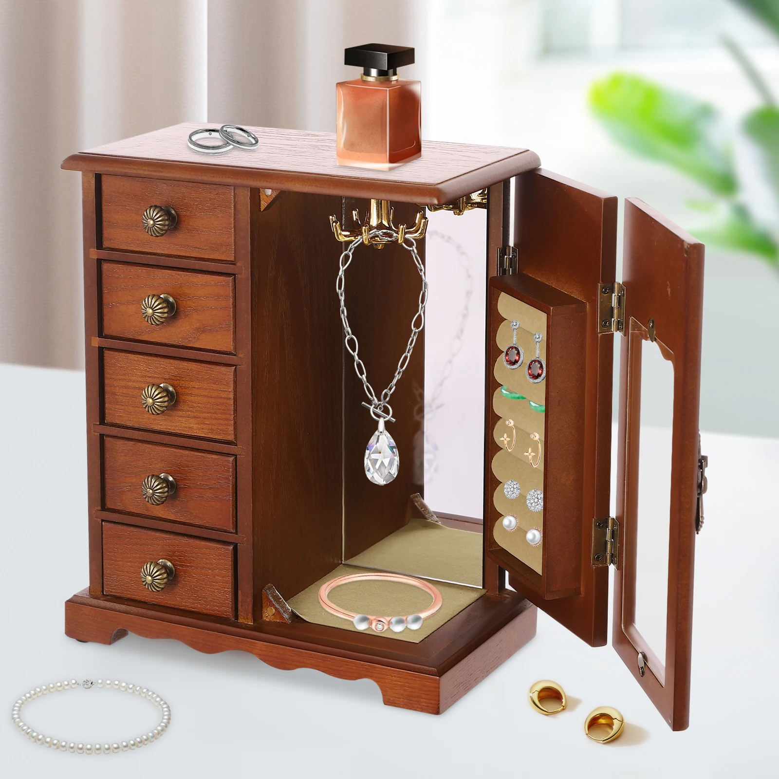 

Wooden Jewelry Box 5 Drawers Vintage Desktop Storage Organizer with Mirror Necklace Ring Display Case for Women Girls Gift